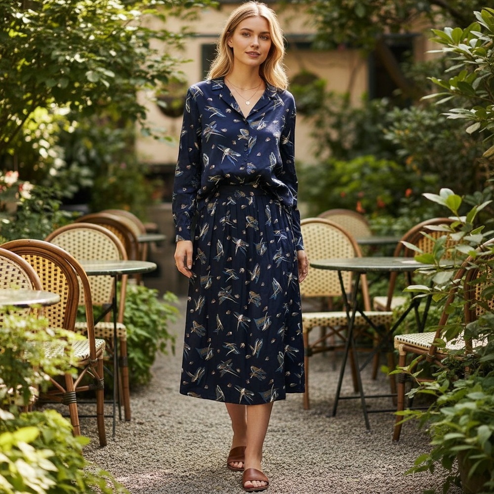 VTG Women's 14 Country Sophisticates Pendleton Navy‎ Abstract Rayon Skirt Set